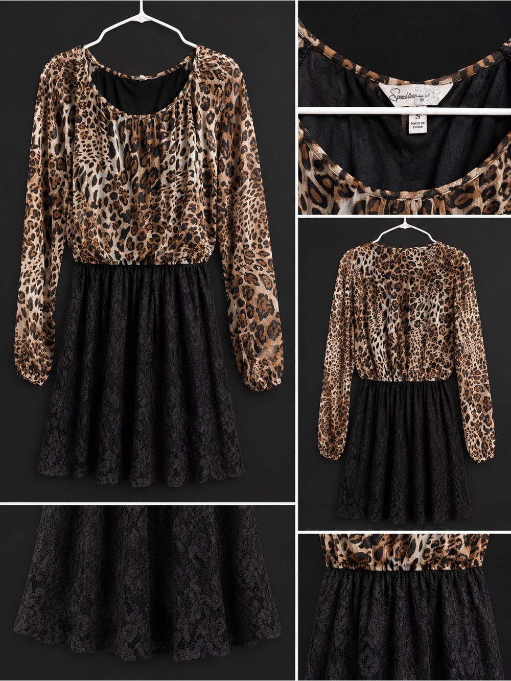 SMALL-Cheetah Print Cocktail Dress-Sheer Layer with MC Black Lace On Bottom